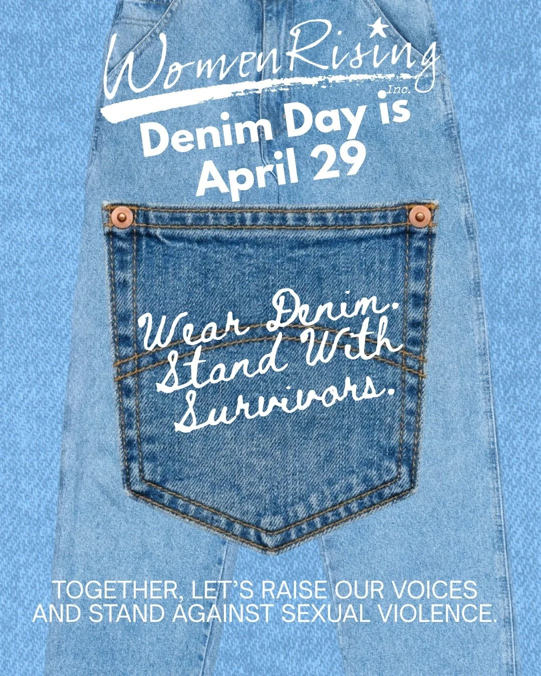 At WomenRising, we don&rsquo;t victim blame. 💜
Tomorrow is Denim Day.  Wear your jeans, stand with survivors, and speak out against sexual violence. 👖 Donate to educate our community.  Link in bio.
#DenimDay #StandWithSurvivors #ConsentMatters