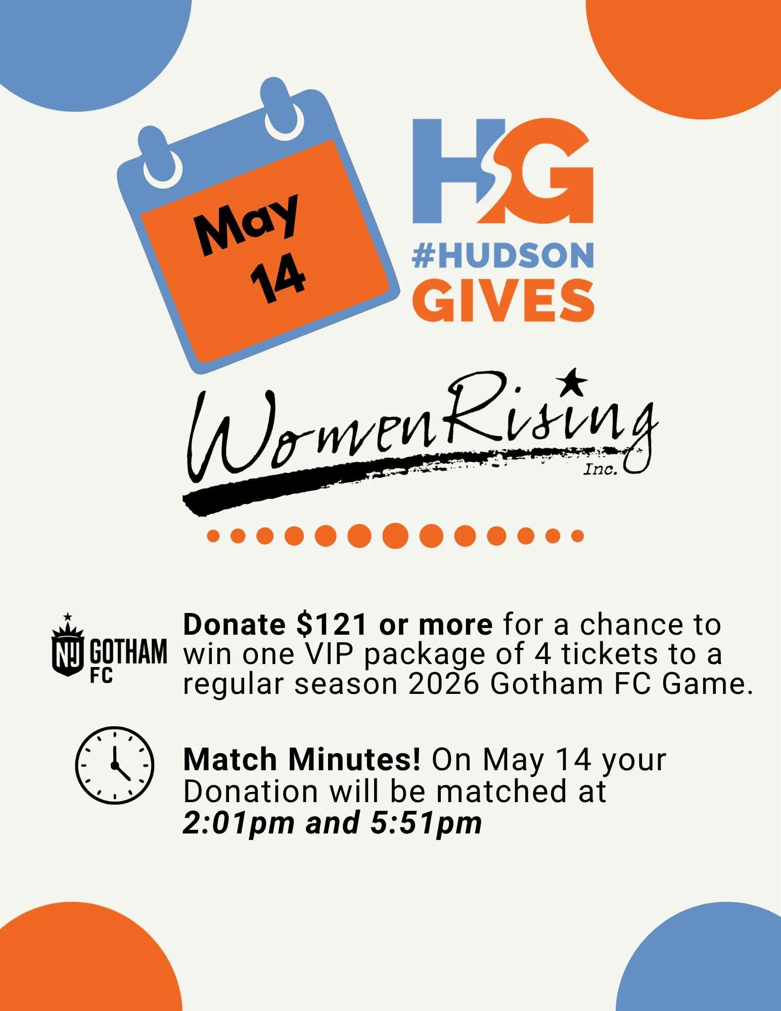 #HUDSONGIVES is a 24-hour ⏰ online giving day dedicated to Hudson County.

Tomorrow, May 14 at 2:01 PM and 5:51 PM, donations between $10&ndash;$250 will be matched&mdash;doubling the power of your gift! 💥 But if you think you&rsquo;ll forget, you c