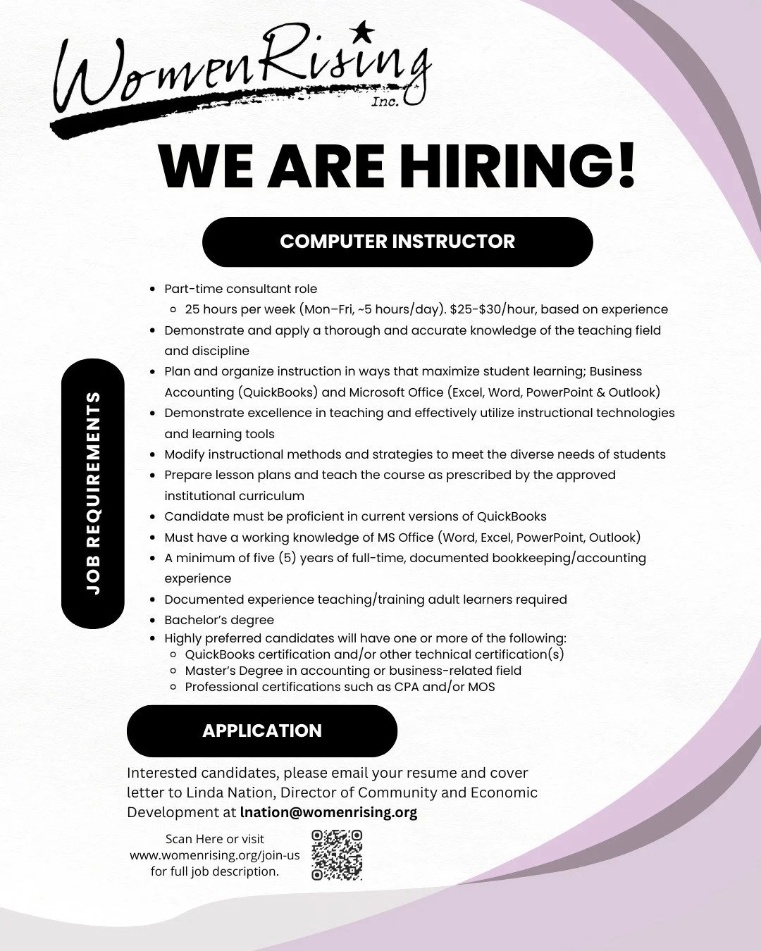 We're hiring!

WomenRising is seeking a part-time Computer Instructor to help adult learners build valuable skills in QuickBooks and Microsoft Office. If you're passionate about teaching and have bookkeeping/accounting experience, we'd love to hear f