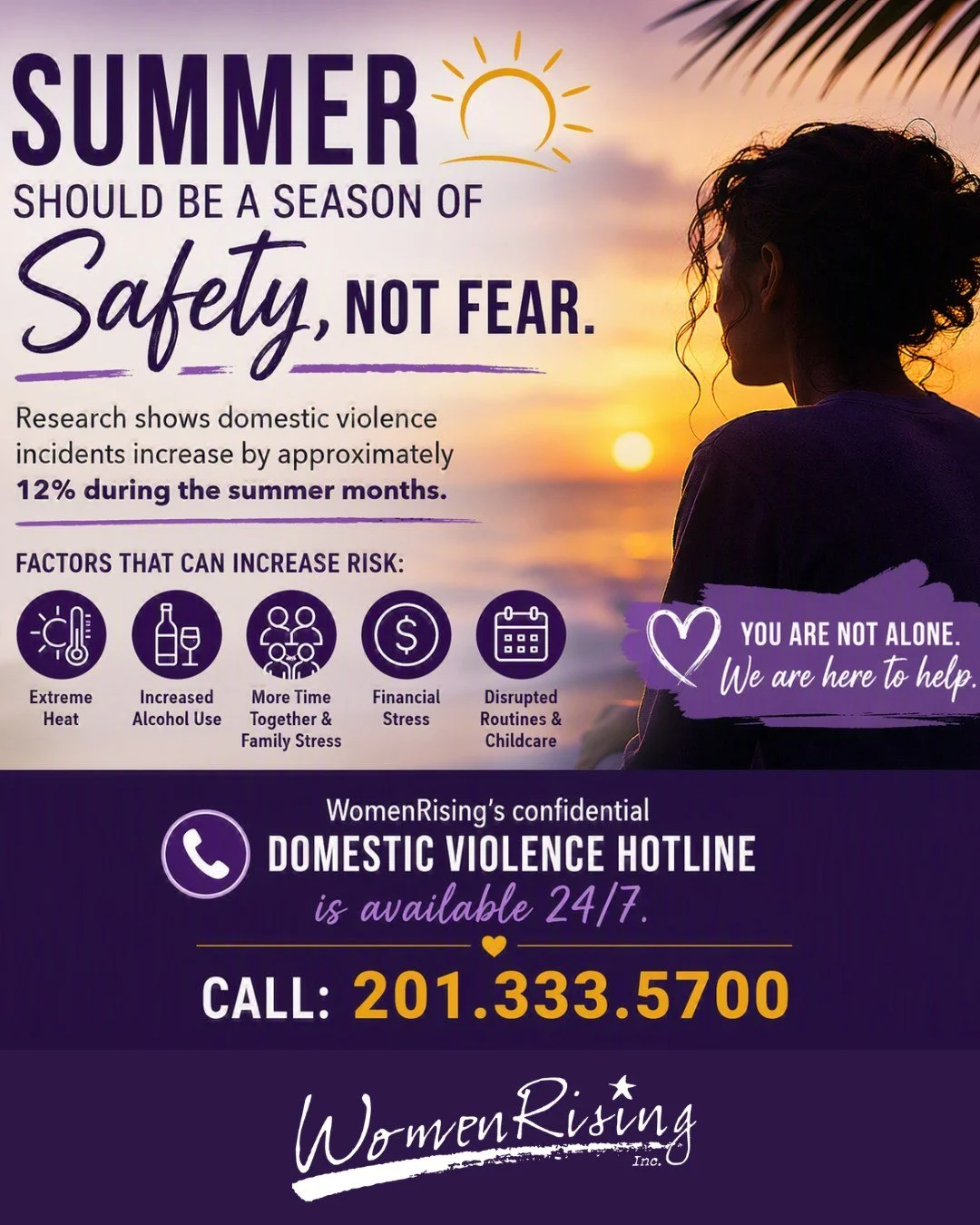 While summer is often associated with fun and relaxation, research shows that incidents of domestic violence increase by approximately 12% during the summer months.

Factors such as heat, financial stress, disrupted routines, increased alcohol consum