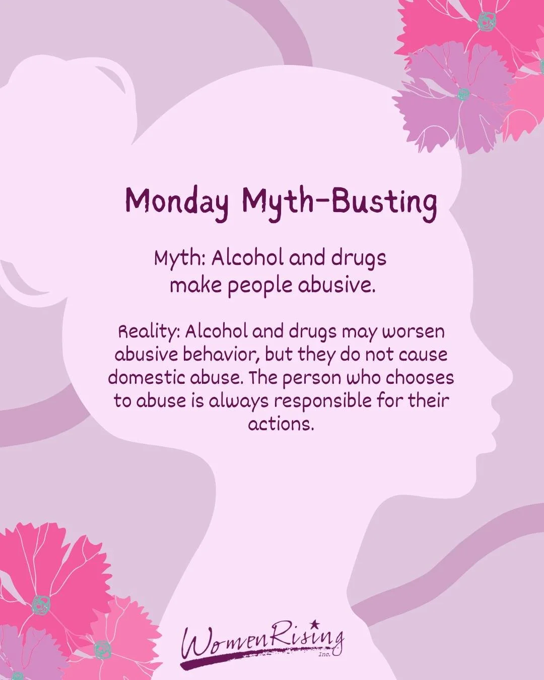 Monday Myth-Busting

❌ Myth: Alcohol and drugs make people abusive.

✅ Reality: Substance use may increase the severity of abusive behavior, but it is not the cause of domestic abuse. Accountability always lies with the person committing the abuse, n