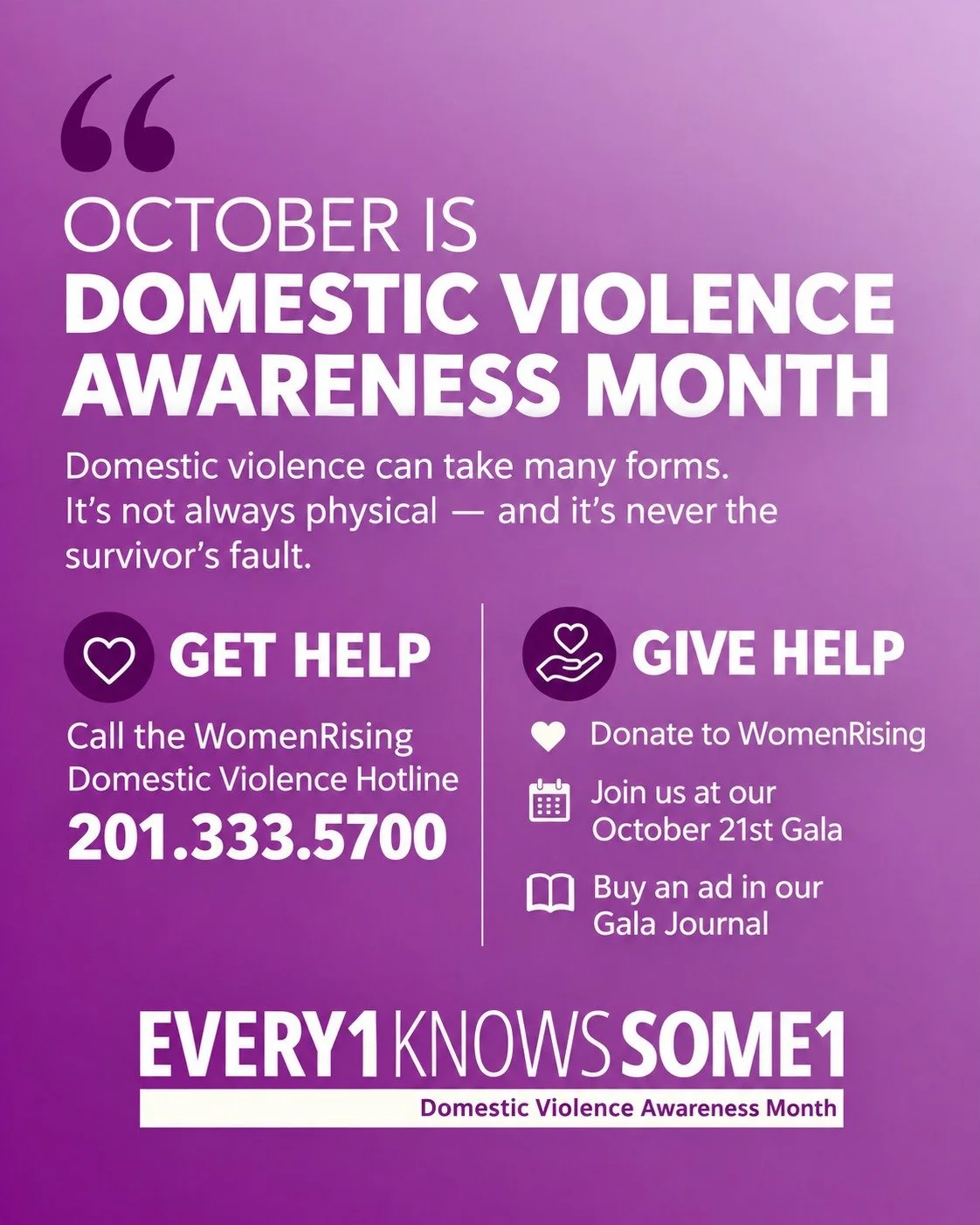 Domestic violence is more than physical violence. It can include threats, harassment, putting someone down, pressuring someone around sex, controlling finances, and other tactics used to gain power and control.

#Every1KnowsSome1 affected by domestic