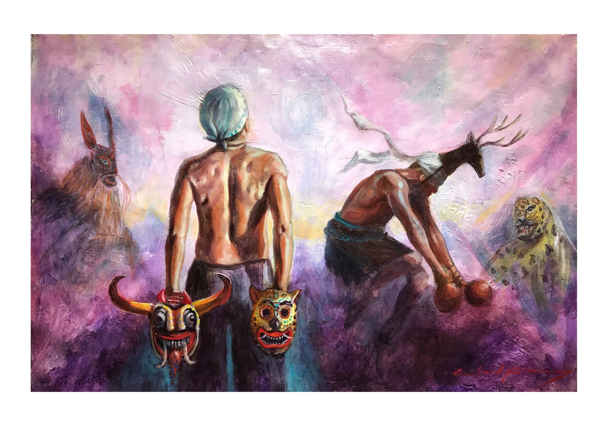 DANZANTES A LA TIERRA. Mixed media / amate paper 15x23 in. (40x60cm) 2016