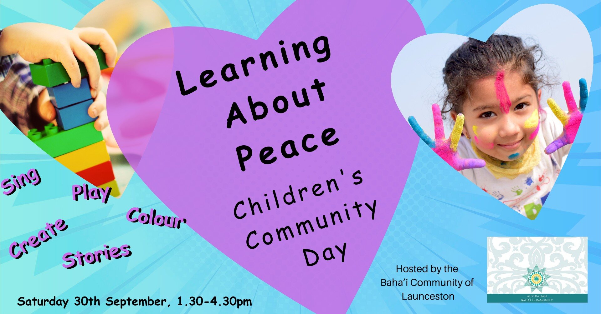 Get the holidays off to a fun start for the little people in your life. 

Learning About Peace- the Children's Community Day.
Today at 1.30pm at the Northern Suburbs Community Centre
49 George Town Road.

Hosted by Baha'i Community of Launceston
http