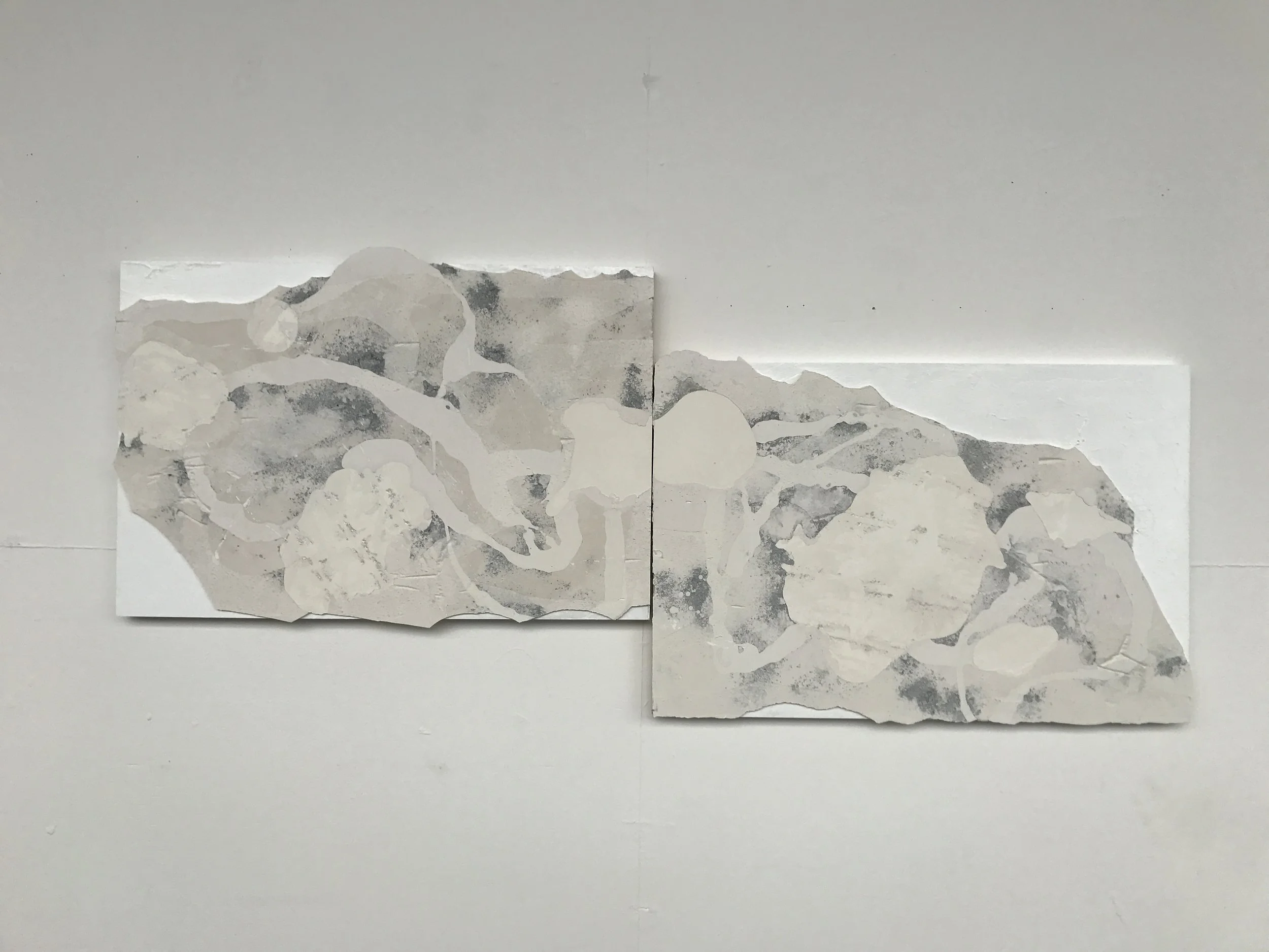  Title: Ice Break and Flow 1 and 2  Date: 2017  Medium: Hydrocal, powder pigment, paper, wood  Dimensions: 72"Wx24"H  Location: Marcel’s Office  Price History: 900  Show History: Natural Wonders at SFWA  Notes: 