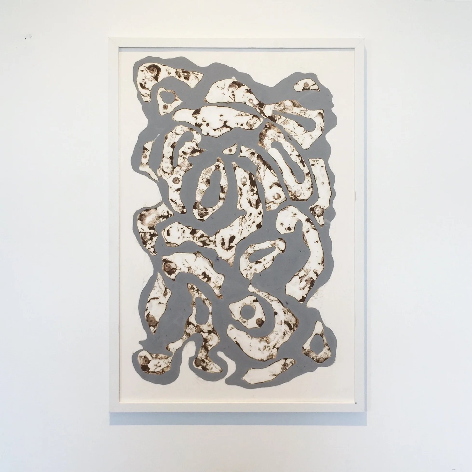  Title: Coexist  Date: 2016  Medium: Hydrocal, aluminum powder, gouache, wood, burlap  Dimensions: 40"Hx27"W  Location: Marin  Price History: $450 SOLD  Show History: Above Board show at Embark  Notes: 