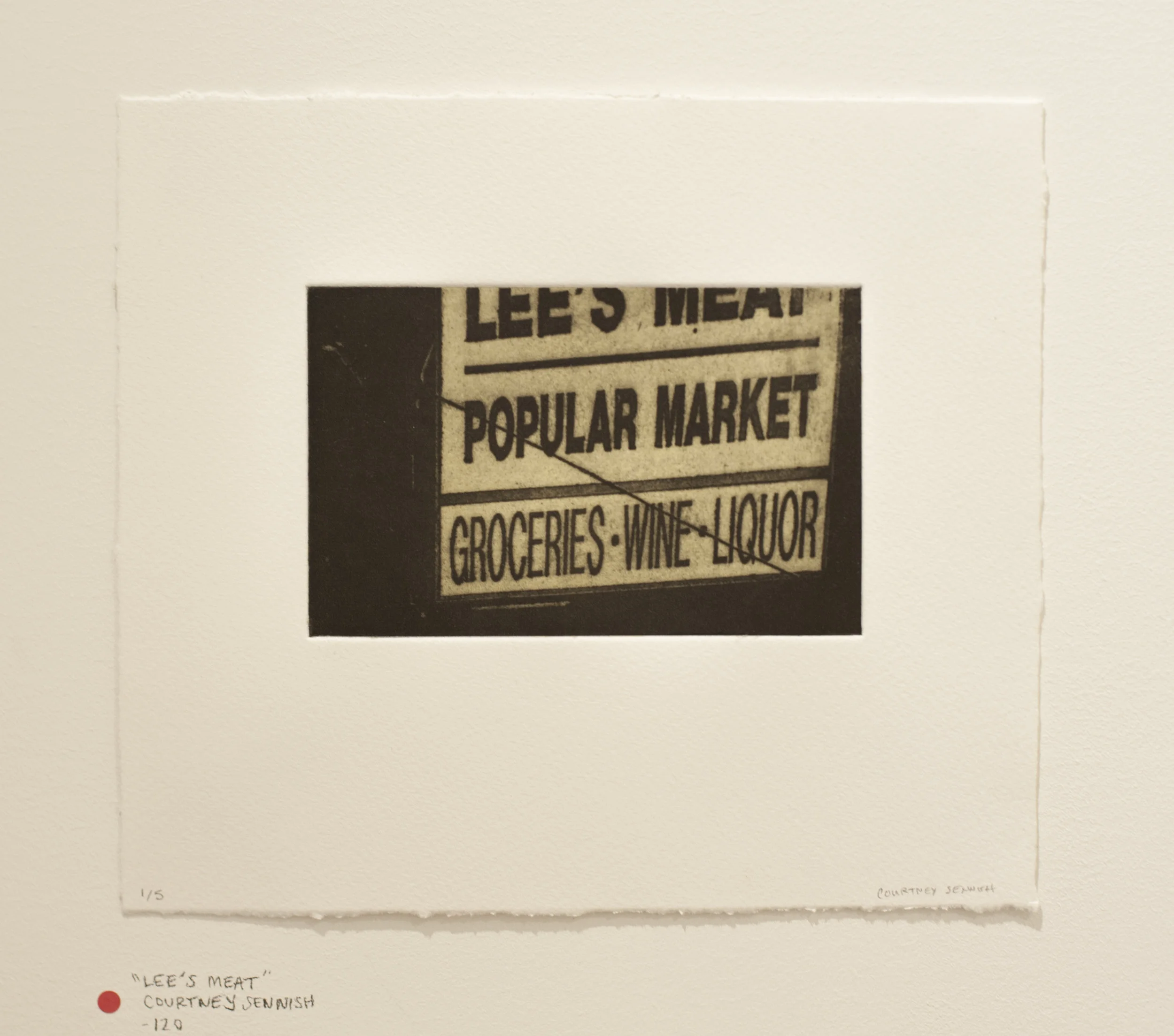 Artist: Courtney Sennish Title: Lee's Meat Date Made: 2017 Location Purchased: Embark Flat File Price: $120 Year acquired: 2017 Dimensions: 8.5"x10" Media: toner photo etching