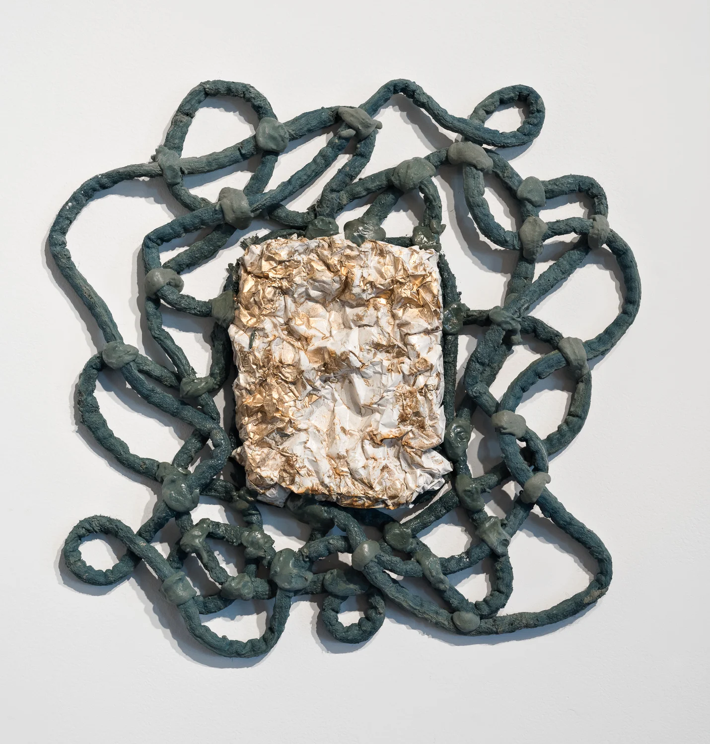  Title: Foolish Thought (Deviating)  Date: 2018  Medium: Drystone, powder pigments, powdered bronze, felted rope  Dimensions: 21"H x 20"W  Location: Valencia Studio  Price History: $250  Show History: Without Within- Growlery Show  Notes: 