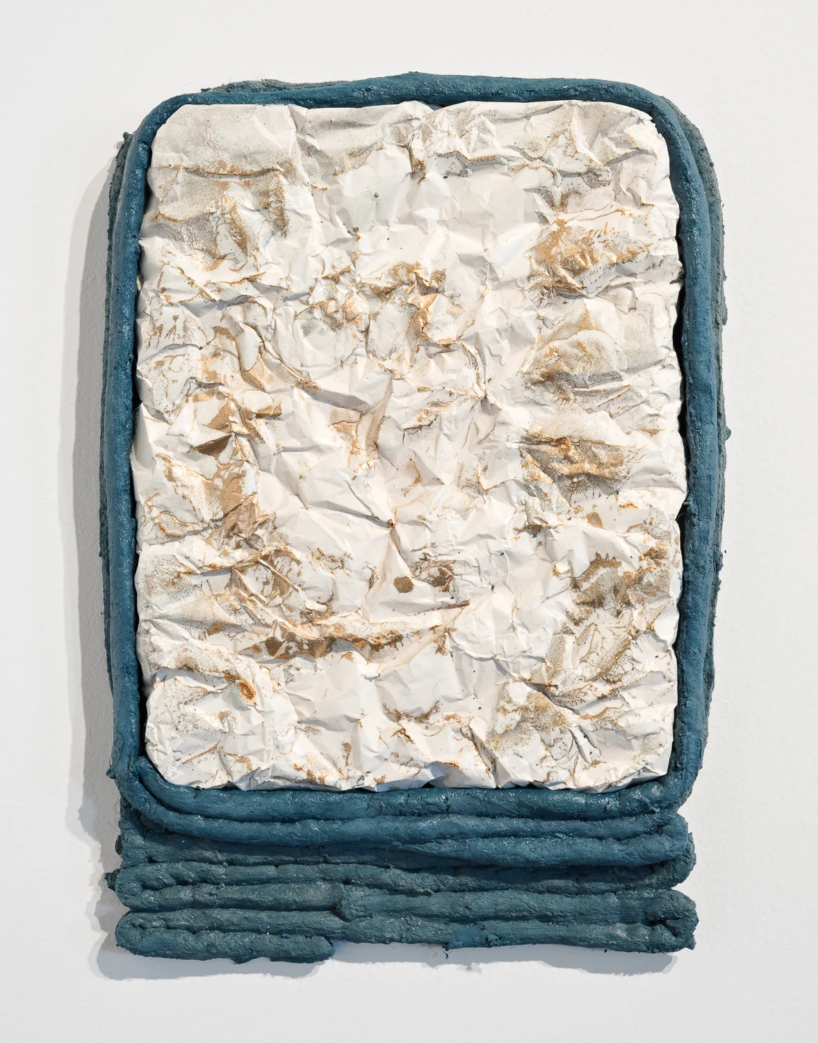  Title: Foolish Thought (Linear)  Date: 2018  Medium: Drystone, powder pigments, powdered bronze, felted rope  Dimensions: 11"W x 16"H  Location: Valencia Studio  Price History: $200  Show History: Without Within- Growlery Show  Notes: 