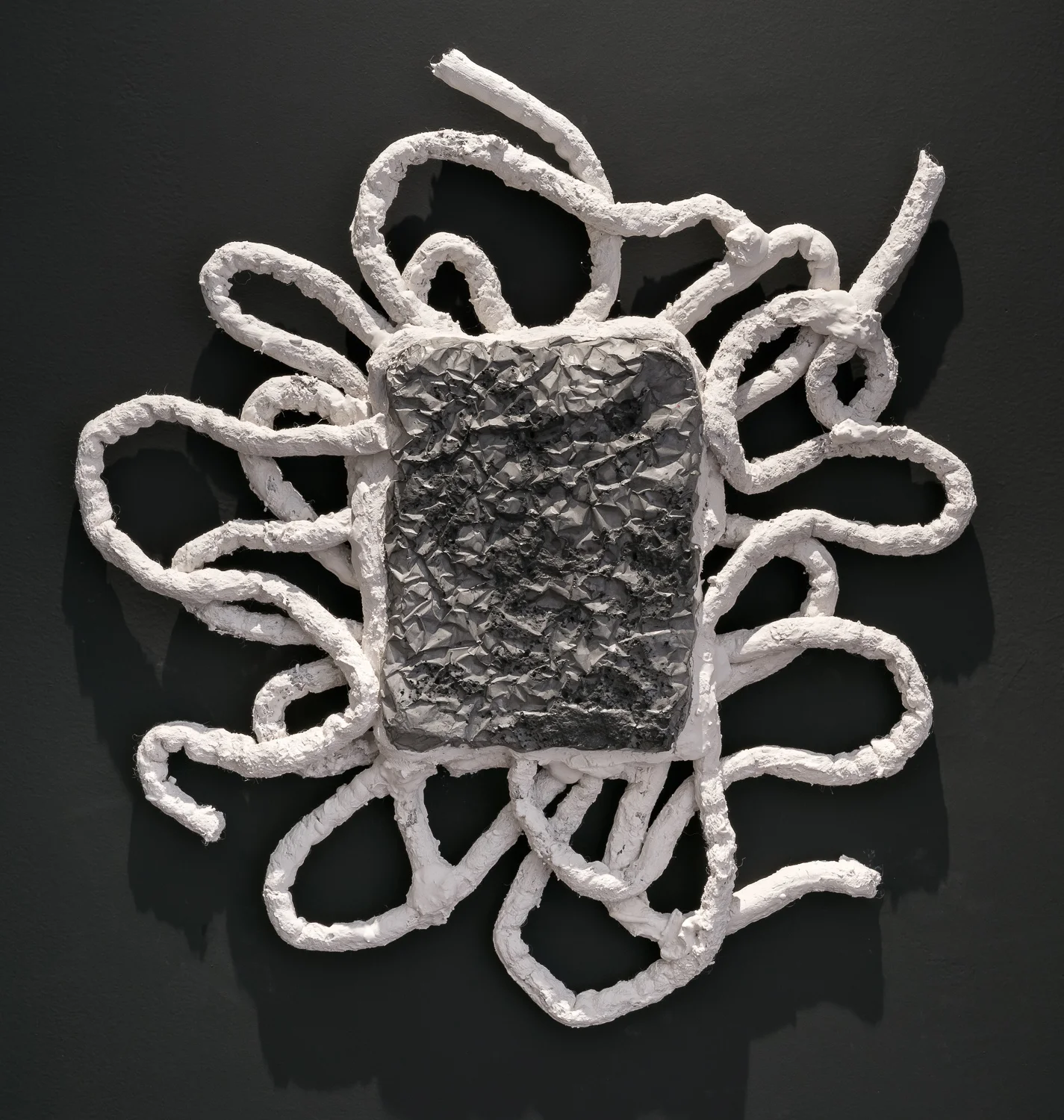  Title: Threshold  Date: 2018  Medium: Drystone, powder graphite, felted rope  Dimensions: 20"W x 21"H  Location: Ross House-bought by mom  Price History: $275  Show History: Without Within- Growlery Show  Notes: 