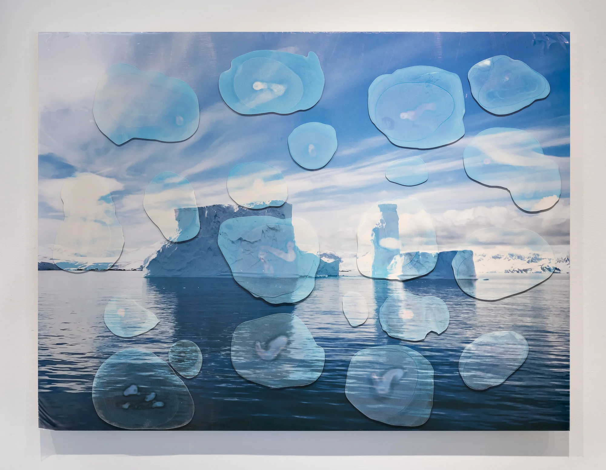  Title: Diluted Glaciers  Date: 2018  Medium: Hydrocal, inkjet transfer, print on film  Dimensions: 36”H x 48”W  Location: Sold to mom  Price History: $600  Show History: Melting Point-Gallery Route One  Notes: 