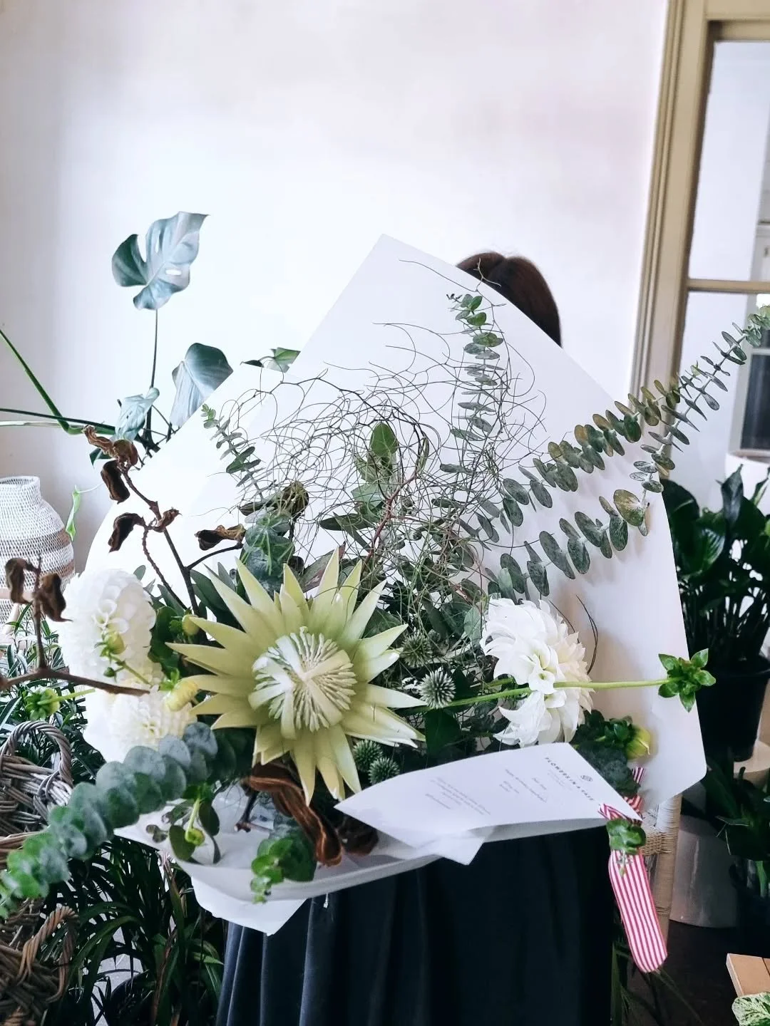 Native inspired bouquet featuring the King protea with fantastic seasonal and local Dahlias, corokia and echinops  for beautiful birthday girl Suze.🎂🎁