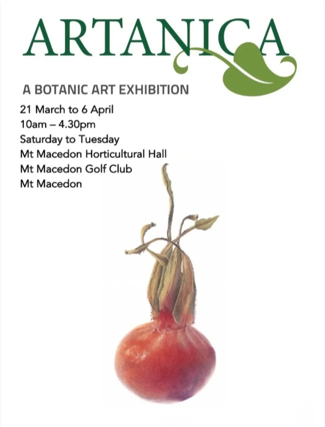 A R T A N I C A 
B o t a n i c a l  A r t 
Exhibition 2026

A biennial botanical art exhibition held at the Mt Macedon Horticultural Hall in Victoria, Australia, showcasing original, detailed plant depictions by established and emerging artists. The 