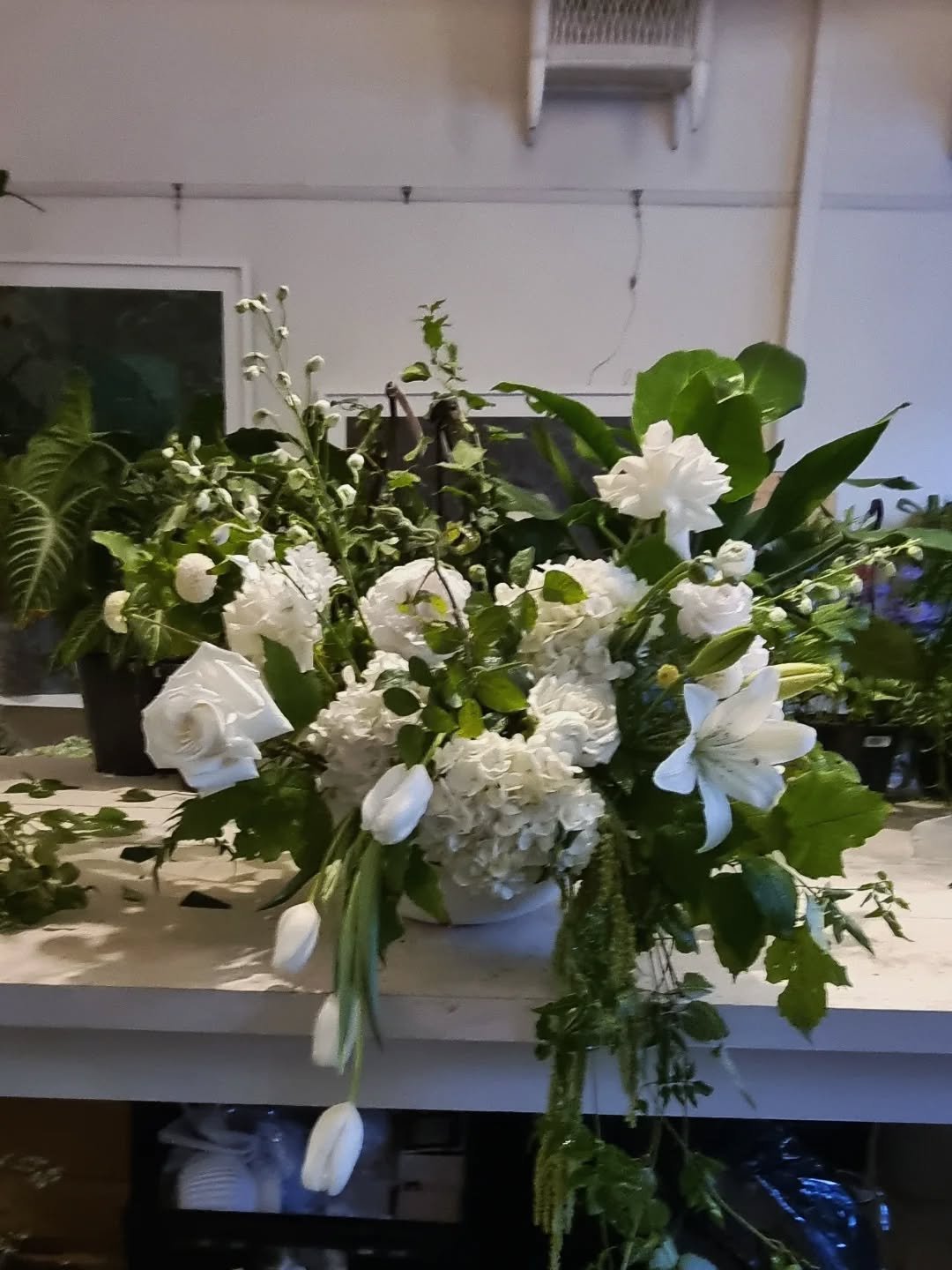 I N  G R E E N &amp;  W H I T E 
A bowl of classic green and white blooms for farewell of a muched loved husband, father, and grandfather.
Always elegant and appropriate.

#greenandwhiteflowers #funeralflowers
#flowersinavase1 #woodentflorist #macedo