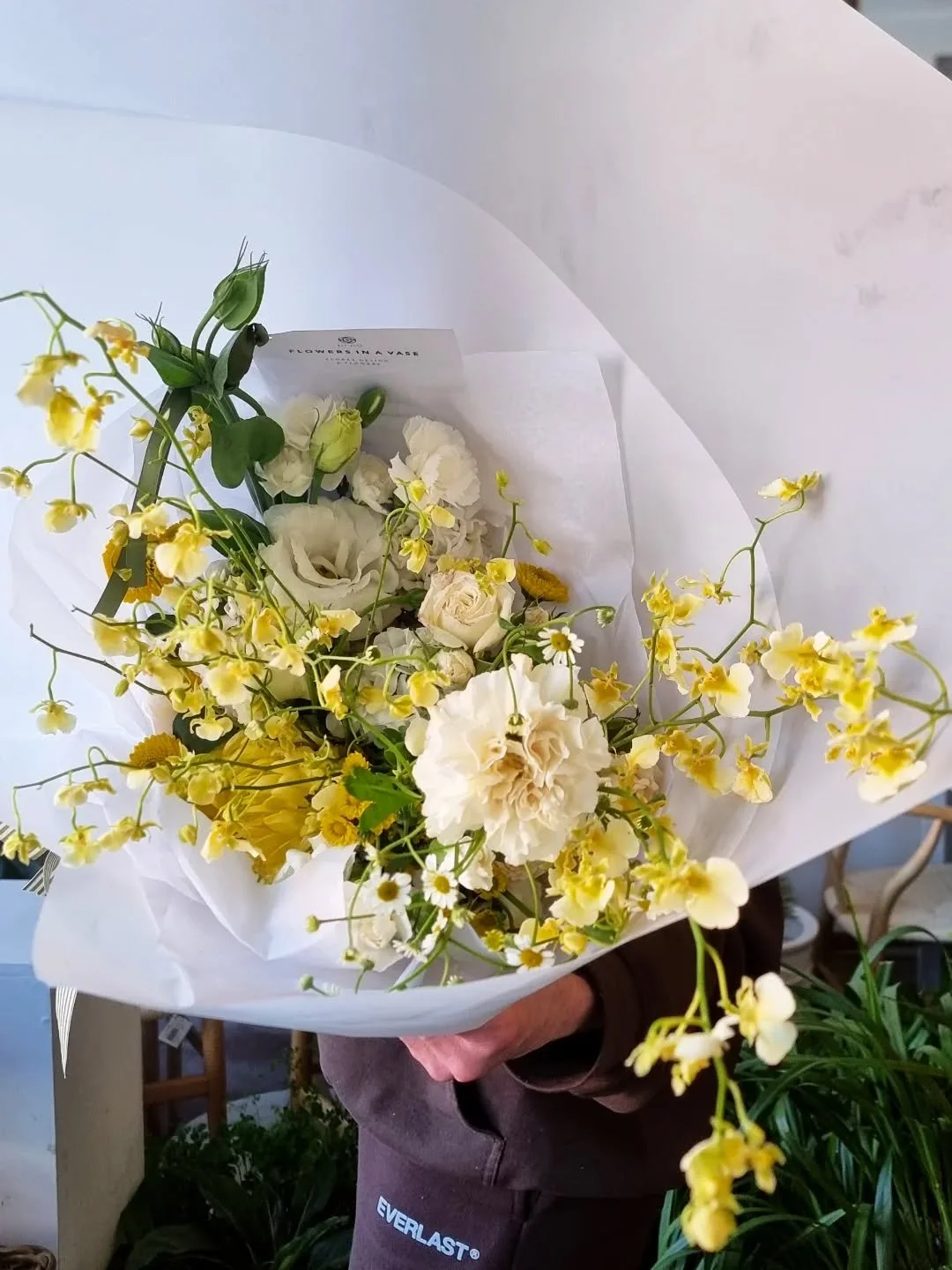 One of our pretty MD bouquets today, with stunning Oncidium orchids in the softest yellow tones with lisianthus  chamomile, yellow Mum's, and additional jewels.