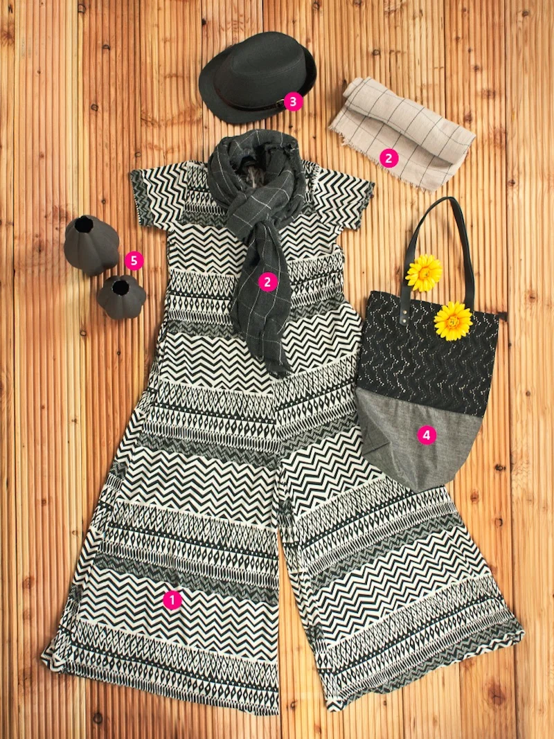 1) Bequemer JUMPSUIT, schwarz-weißer Grafiklook, Viskose, Thailand € 39,-- 2) KAROSCHALTUCH aus Viskose mit Fransen € 17,-- 3) HUT aus Seegras € 16,-- 4) TASCHE mit Spitze und Lederhenkeln € 26,-- 5) Originelle KERAMIKVASEN der Manufaktur Dhanabadee in Nordthailand € 19,--/ 29,--