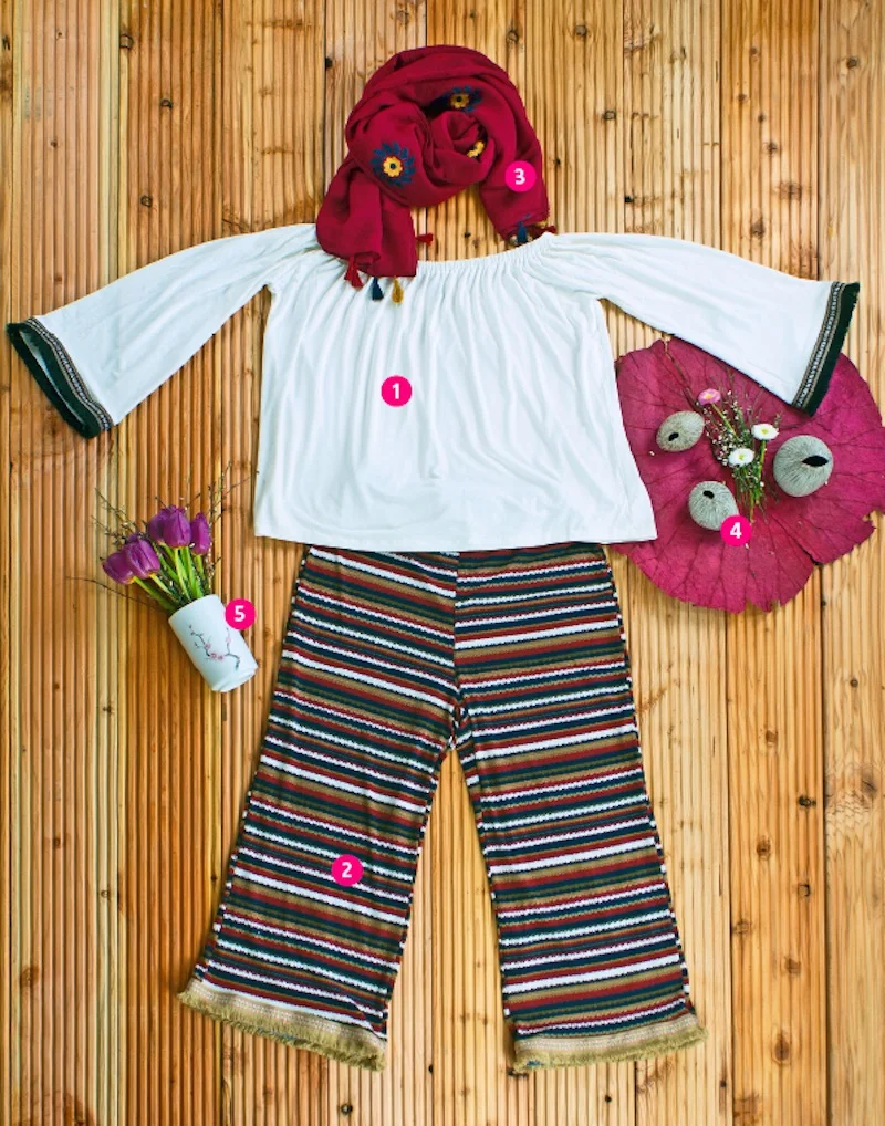 1) SHIRT mit U-Boot Ausschnitt, Ärmeln mit gestickter Bordüre und Fransen, Viskose und Elasthan € 27,-- 2) RINGELHOSE mit Fransen € 29,-- 3) SCHALTUCH mit Flower-Stickerei und Fransen, Viskose € 19,-- 4) VASEN aus Thailand "Pebble", Keramik € 6,--/7,50/9,-- 5) BECHER, Stifthalter oder hübsche Vase "Kirschblüte" € 16,--