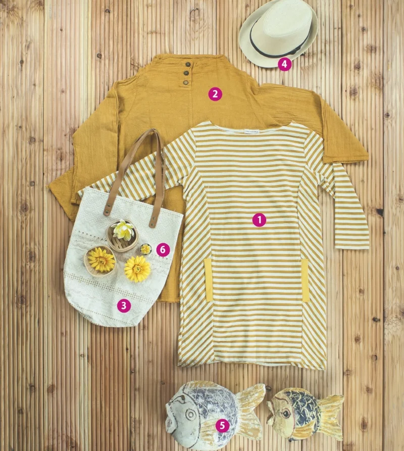 1) Gestreiftes KLEID, 100% Baumwolle aus Thailand, angenehm leichter Stoff, verschiedene Schnitte und Farben € 34,-- 2) OBERTEIL in Curry, weiter Schnitt mit aufgesetzten Taschen und originellen Details, Leinen € 39,-- 3) TASCHE mit Lochspitzen-Arbeit und Lederhenkeln, jedes Stück ein Unikat € 26,-- 4) Sommerlicher FLECHTHUT € 16,-- 5) DEKOFISCH aus Holz € 55,--/40,-- 6) BLUMENTEELICHT € 1,50,--