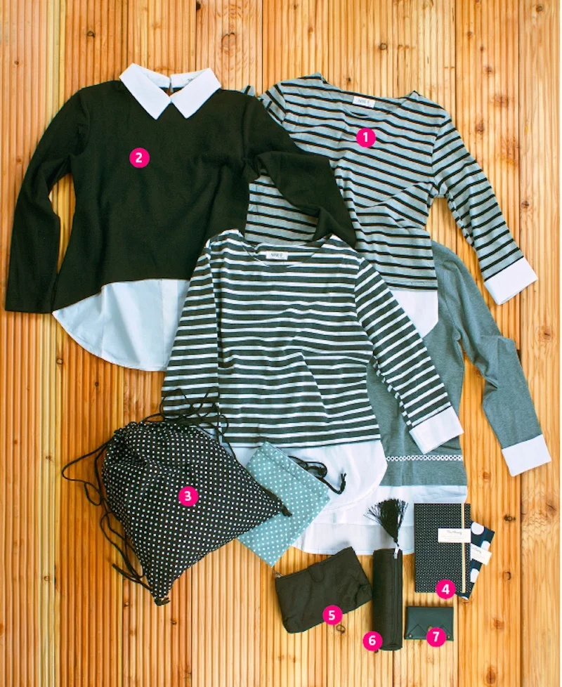 1) SHIRTS mit originellen Details wie Hemd-Ärmelbund und Lagenlook, geringelt oder einfarbig € 29,-- 2) OBERTEIL mit Hemdkragen aus Sweatshirtstoff in schwarz, grau oder dunkelblau € 39,-- 3) SPORTBEUTEL/ RUCKSACK aus Baumwollstoff, viele Designs und Farben € 12,-- 4) NOTIZBUCH blanko mit Baumwolleinband, handgefertigt € 8,--/ 6,-- 5) KOSMETIKTASCHE mit Spiegel, 2 Fächer € 13,-- 6) STIFTEMÄPPCHEN aus Vietnam Silk mit Troddel € 7,-- 7) Kleiner LEDERGELDBEUTEL € 12,--