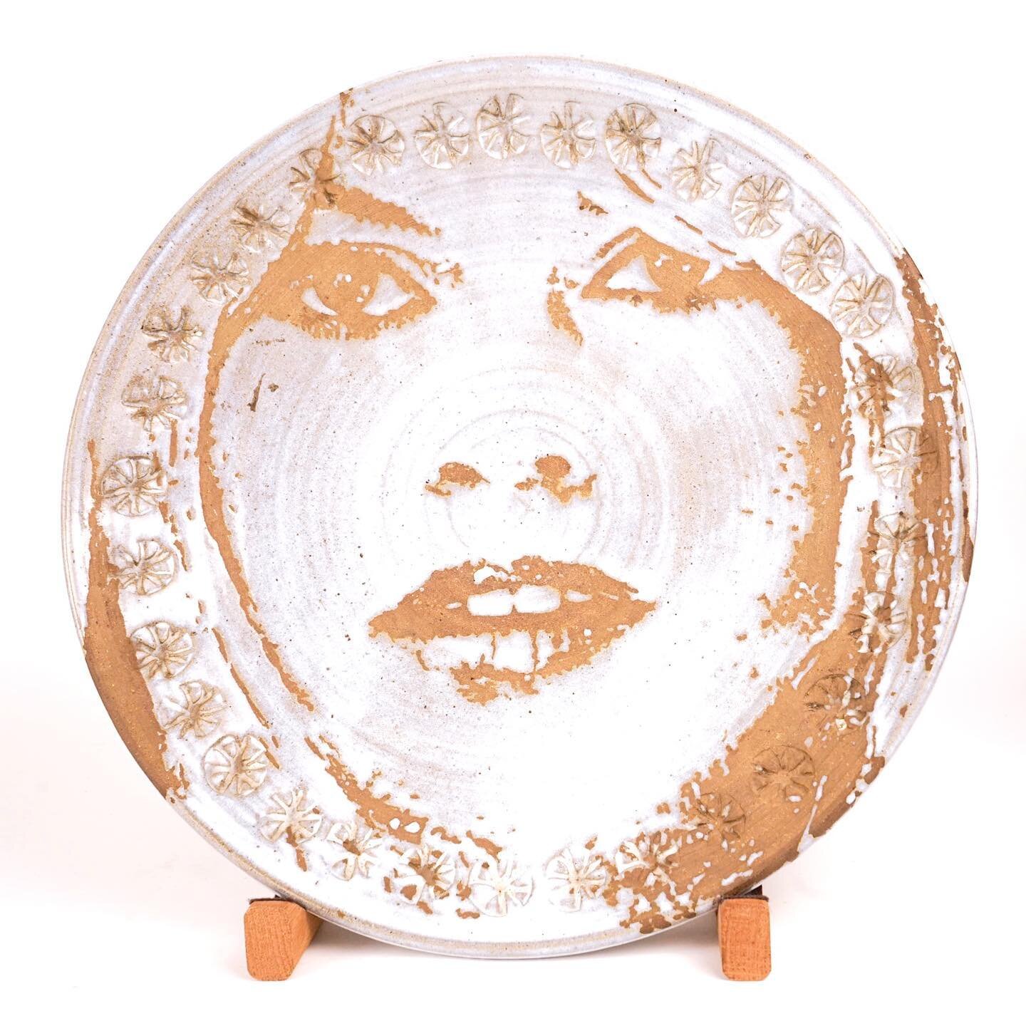 Robert Engle (1920-2009)
1960s-70s work. 
The large charger features Brigitte Bardot, and the vase is Marilyn Monroe.
He worked in these wonderful mediums of photographic transfer and resist on hand-thrown stoneware. 
Two terrific examples of Engle&r