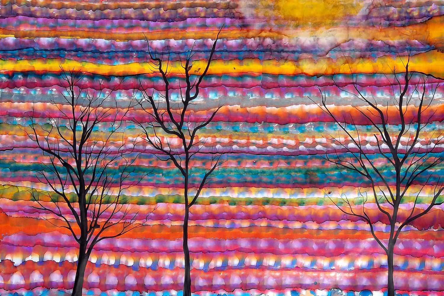 pink sunset trees painting