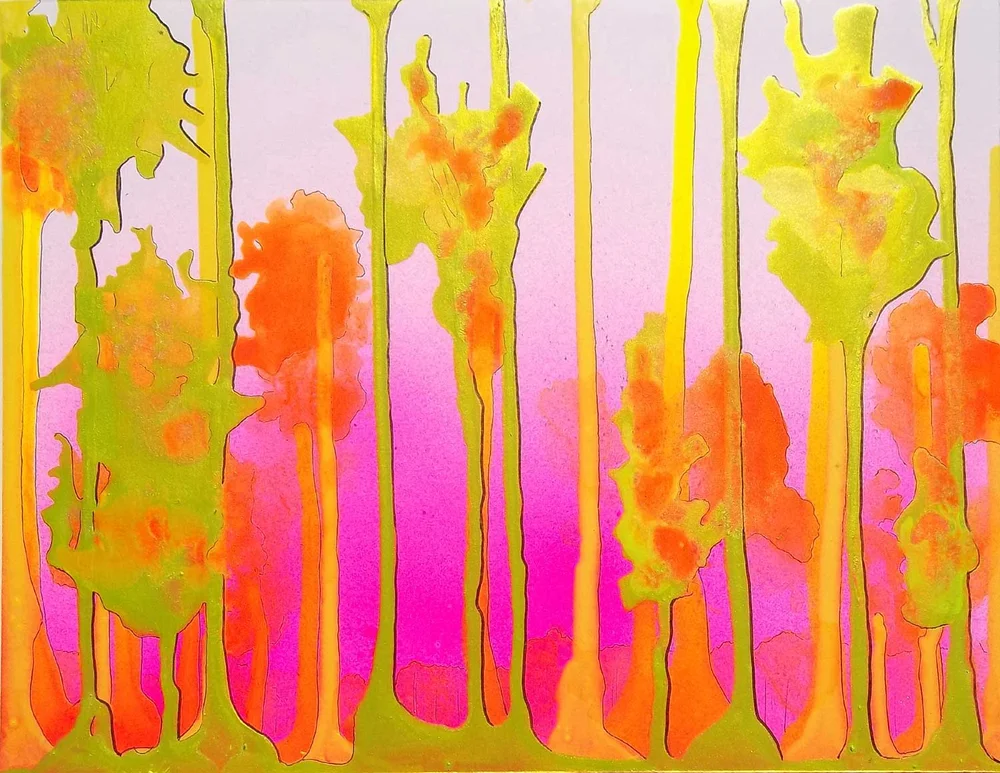 orange spray paint on trees