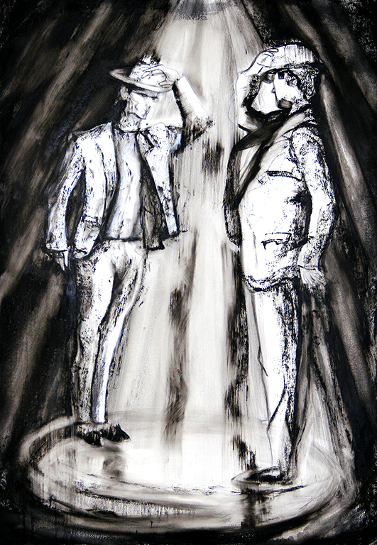 Artist: Rob Mango Media: Black oil paint on Fabriano, gesso coated, 300lb. rag paper Size: 105 X 75 cm (29 5/8 X 41 3/8 Inches) Subject : Sergiy and Oleksandr Kirichenko, Tango Choreography Date: Painted in New York, October 6 - December 30, 2016