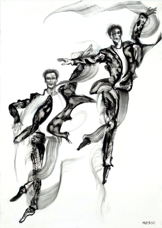 Artist: Rob Mango Media: Black oil paint on Fabriano, gesso coated, 300lb. rag paper Size: 105 X 75 cm (29 5/8 X 41 3/8 Inches) Subject : Sergiy and Oleksandr Kirichenko, Tango Choreography Date: Painted in New York, October 6 - December 30, 2016