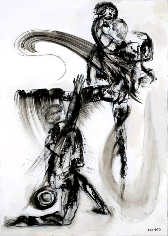 Artist: Rob Mango Media: Black oil paint on Fabriano, gesso coated, 300lb. rag paper Size: 105 X 75 cm (29 5/8 X 41 3/8 Inches) Subject : Sergiy and Oleksandr Kirichenko, Tango Choreography Date: Painted in New York, October 6 - December 30, 2016