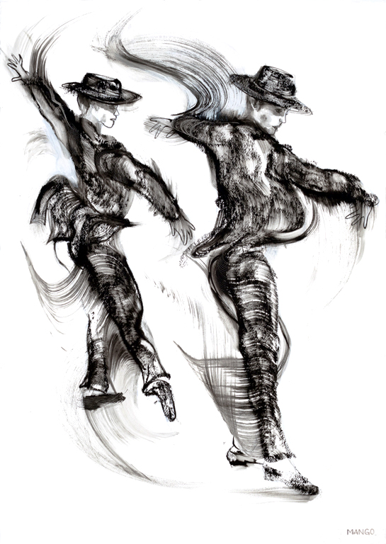 Artist: Rob Mango Media: Black oil paint on Fabriano, gesso coated, 300lb. rag paper Size: 105 X 75 cm (29 5/8 X 41 3/8 Inches) Subject : Sergiy and Oleksandr Kirichenko, Tango Choreography Date: Painted in New York, October 6 - December 30, 2016