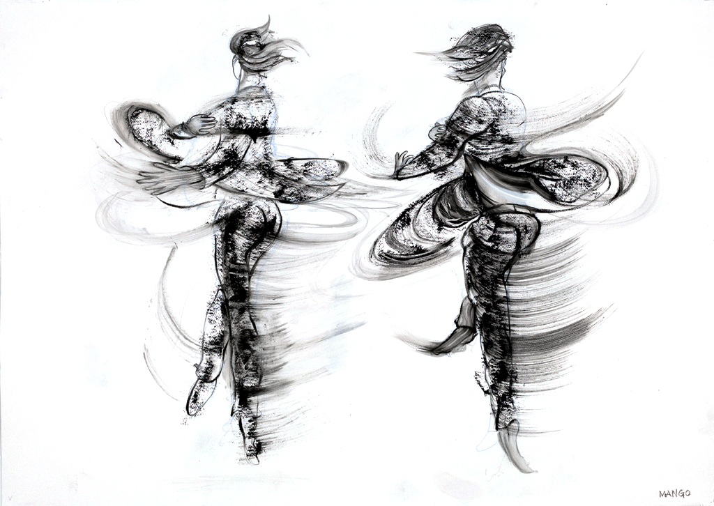 Artist: Rob Mango Media: Black oil paint on Fabriano, gesso coated, 300lb. rag paper Size: 105 X 75 cm (29 5/8 X 41 3/8 Inches) Subject : Sergiy and Oleksandr Kirichenko, Tango Choreography Date: Painted in New York, October 6 - December 30, 2016