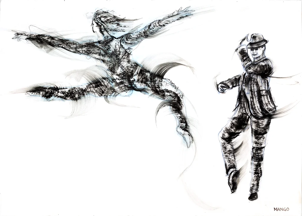 Artist: Rob Mango Media: Black oil paint on Fabriano, gesso coated, 300lb. rag paper Size: 105 X 75 cm (29 5/8 X 41 3/8 Inches) Subject : Sergiy and Oleksandr Kirichenko, Tango Choreography Date: Painted in New York, October 6 - December 30, 2016