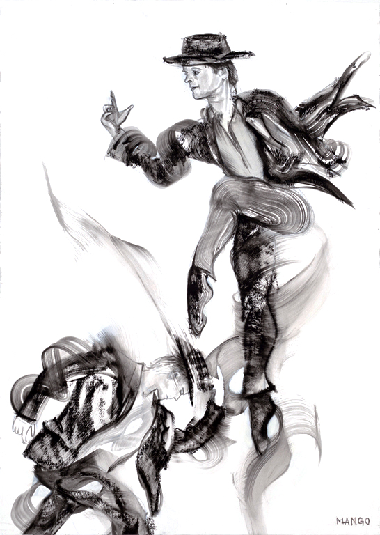 Artist: Rob Mango Media: Black oil paint on Fabriano, gesso coated, 300lb. rag paper Size: 105 X 75 cm (29 5/8 X 41 3/8 Inches) Subject : Sergiy and Oleksandr Kirichenko, Tango Choreography Date: Painted in New York, October 6 - December 30, 2016