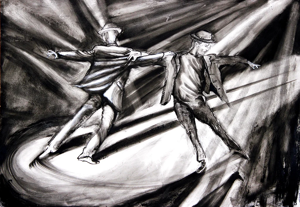 Artist: Rob Mango Media: Black oil paint on Fabriano, gesso coated, 300lb. rag paper Size: 105 X 75 cm (29 5/8 X 41 3/8 Inches) Subject : Sergiy and Oleksandr Kirichenko, Tango Choreography Date: Painted in New York, October 6 - December 30, 2016