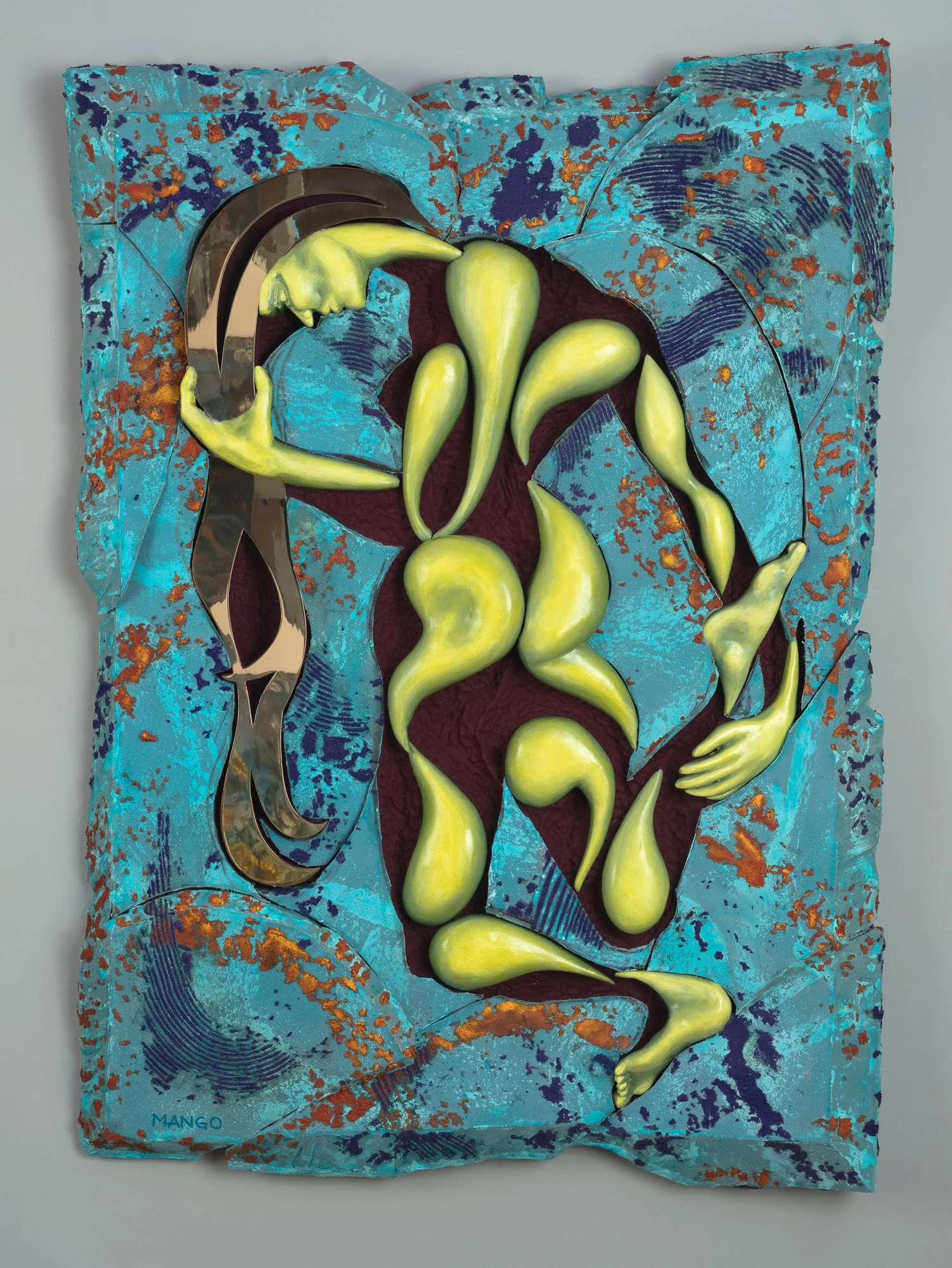 2018 80x50X6 inches Oil on canvas ,over sculpted foam on panel, three dimensional ,sculpted female, polished bronze hair Signed by artist lower left front, signed dated back