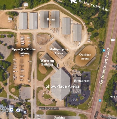 Map of Agricenter's ShowPlace. 105 S Germantown Pkwy, Cordova, TN 38018