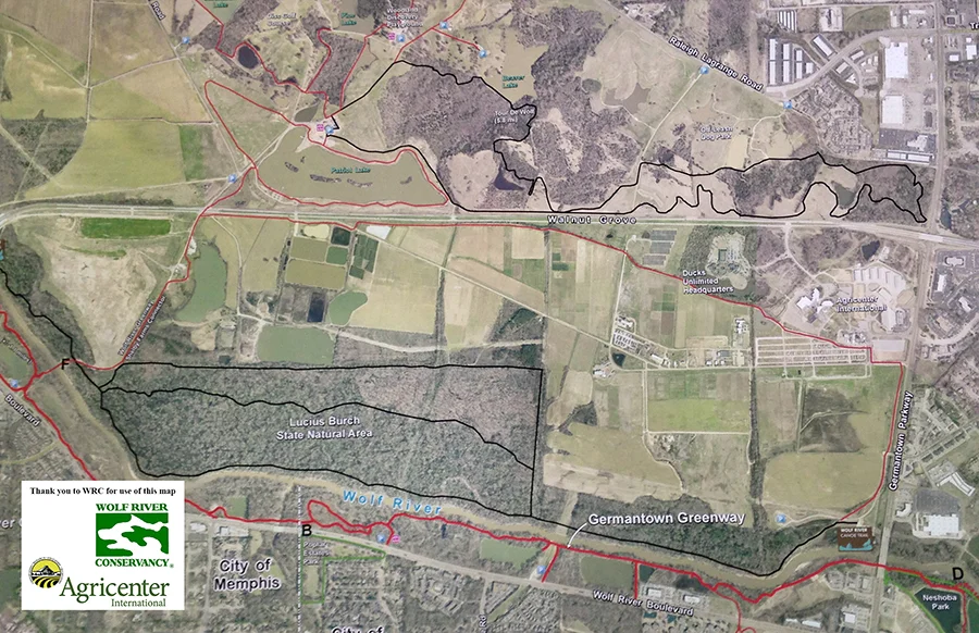 This map shows the connectivity with the Wolf River trails and Shelby Farms Park trails. 