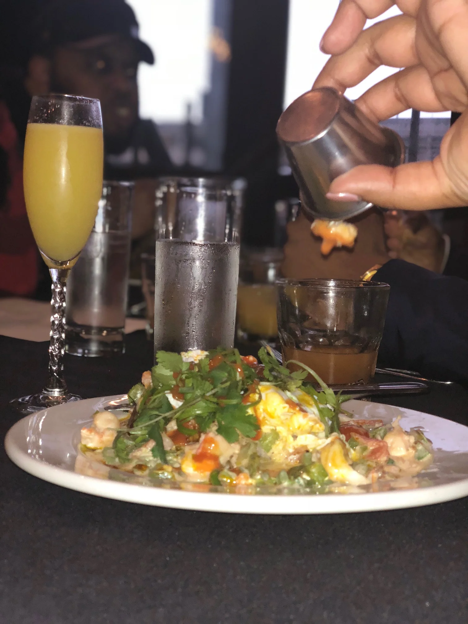 Caribbean Shrimp Toast Rundown - PAched Eggs - Creamed Tomatoes, Peppers & Onions