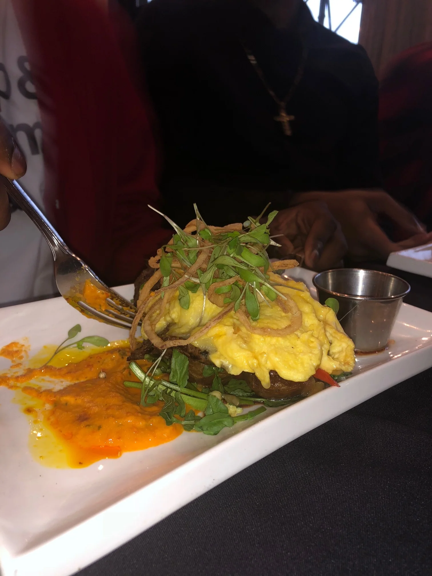Sofrito Rubbed Hanger Steak & New Potatoes - Eggs Any Style - Peppers & Scallions - Cilantro Jalapeno Sauce