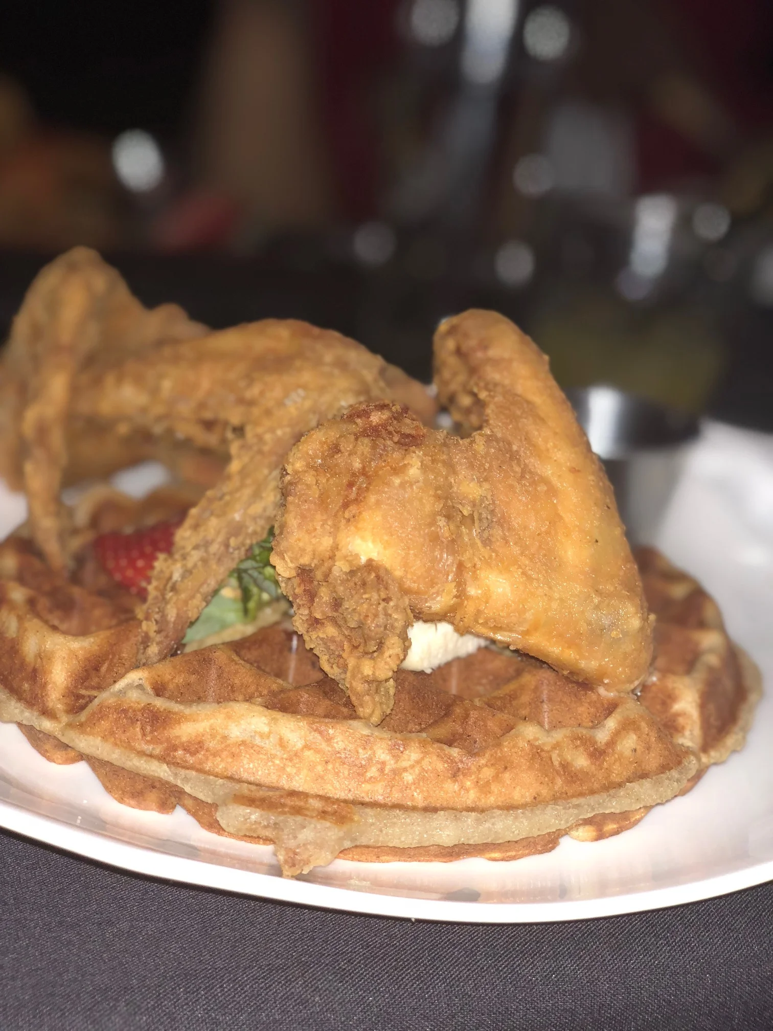 Mom's Fried Chicken & Banana Bread Waffles with Walnut Maple Butter