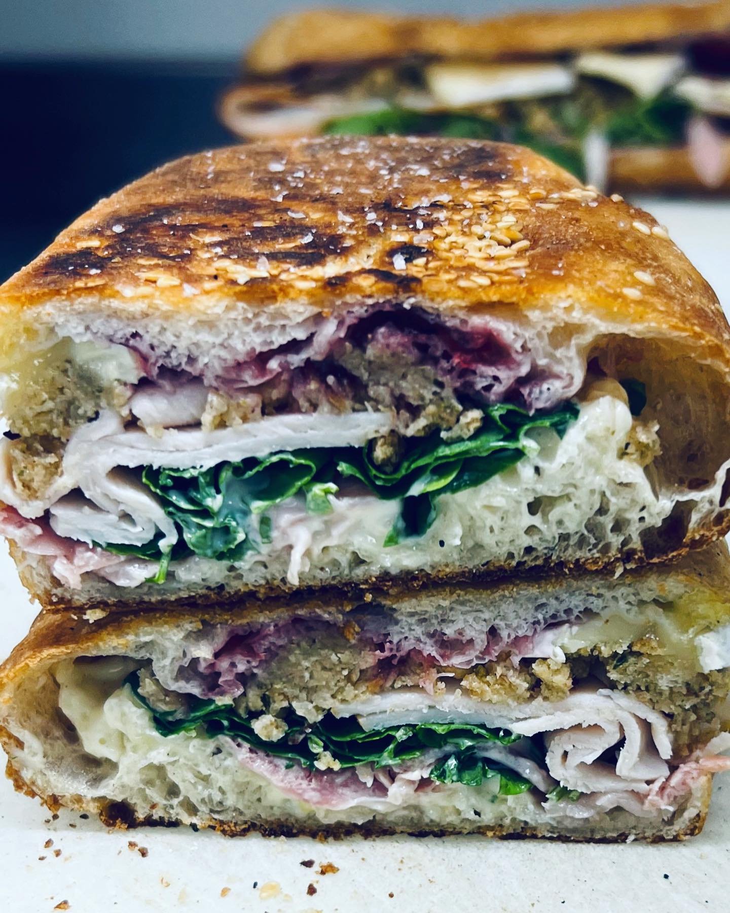 Christmas sandwich : cranberry , Brie , watercress, ham , turkey , herb stuffing &amp; pickle mustard Mayo &hellip;