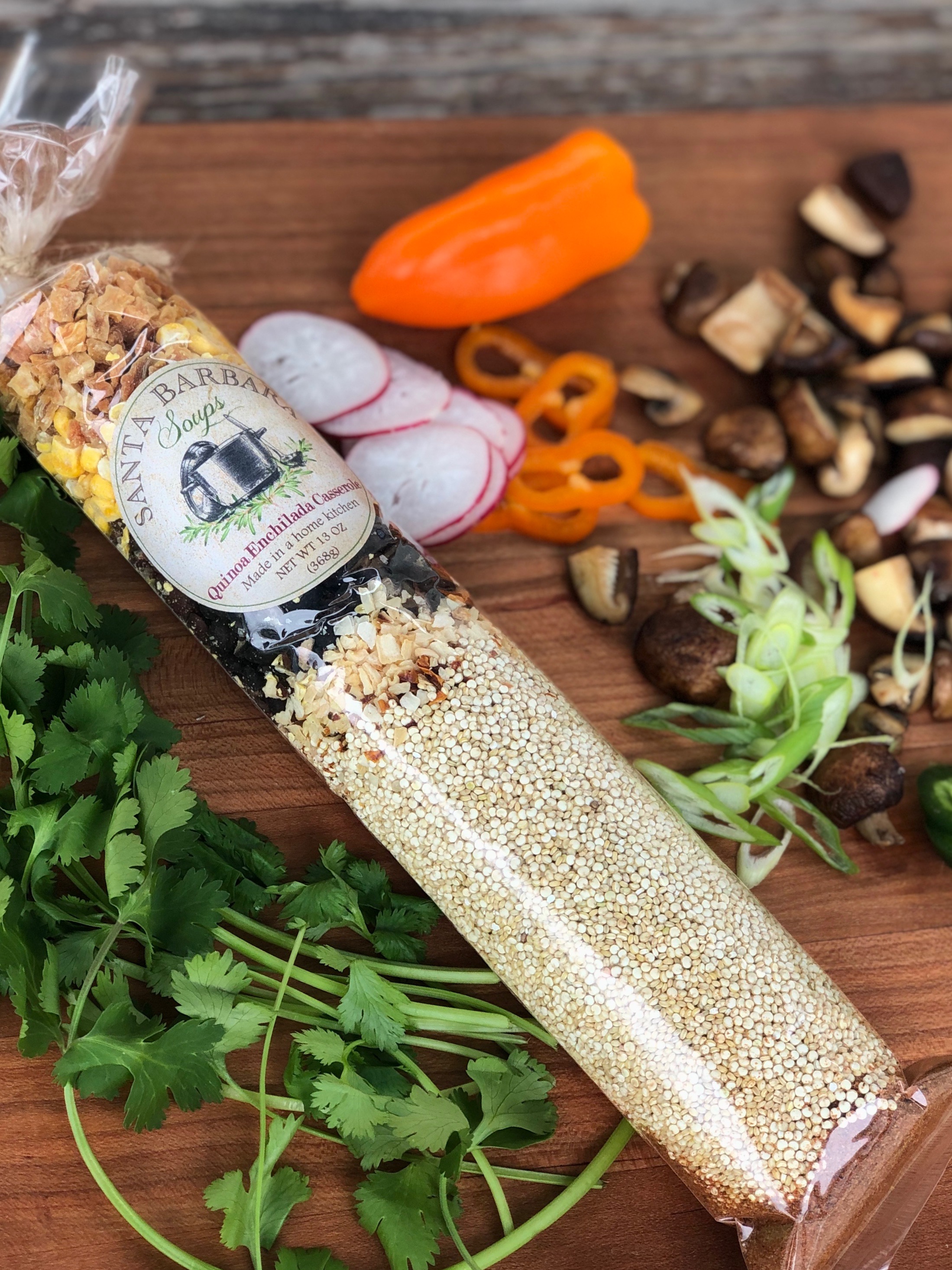Need an easy, healthy weeknight meal?! We love using Alanna’s Santa Barbara Soups pre-packaged mixes for dinner. This week I experimented with the Quinoa Enchilada Casserole and it was delicious! They are healthy, non-perishable, easy to prepare meals that you can eat completely on their own or add your own twist! They are vegan, gluten free, dairy free and soy free (unless you choose to add cheese and sour cream like I did). We love supporting our local friends, farmers and vendors!