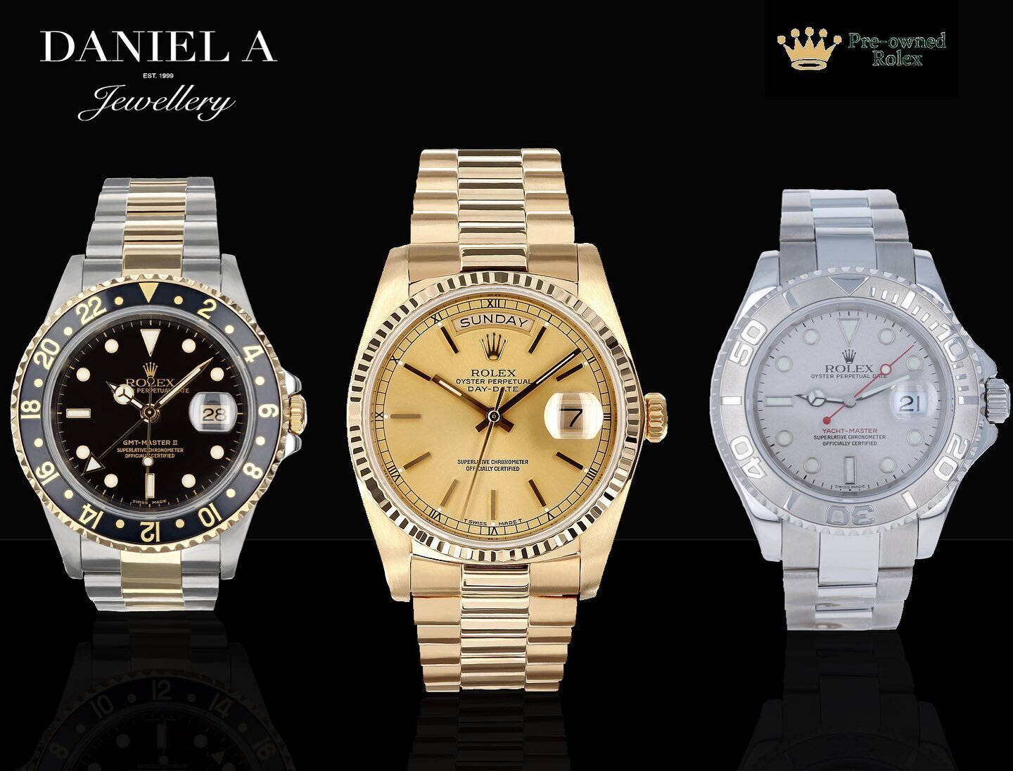Daniel A. Jewellery is excited to announce that we will be carrying pre-owned ✨Rolex✨ watches. At the fraction of the price, each pre-owned Rolex is Swiss Crown certified. With our wide variety of styles, we have something for everyone! 

Contact us 