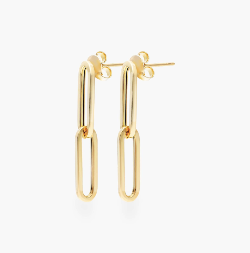 Yellow gold paperclip link drop earrings on posts