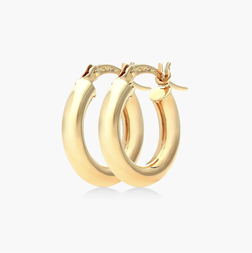 Polished yellow gold hoop earrings with hinged click-top closures