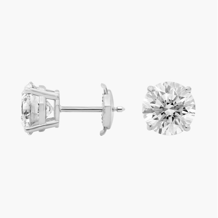 Princess-cut and round brilliant diamond stud earrings in white gold four-prong settings