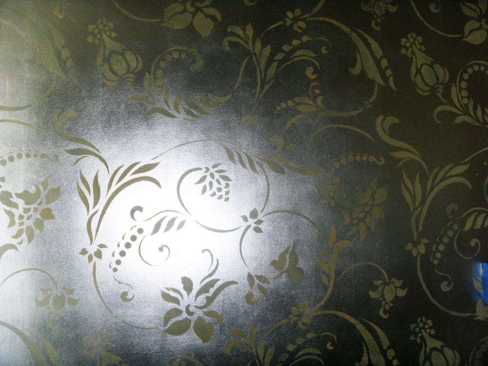  Silver leaf walls with a two-tone overlay stencil  
