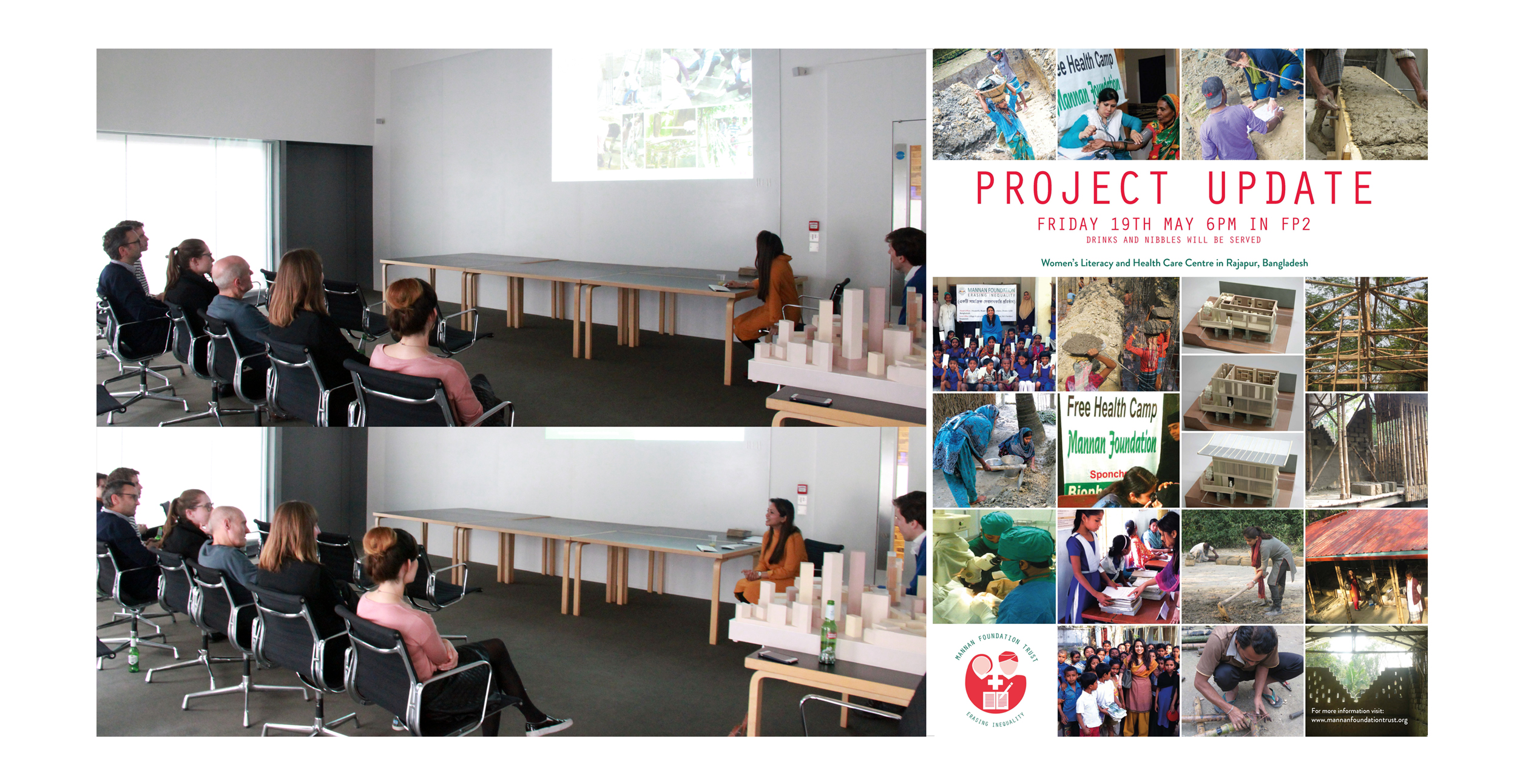 Project Update at A&M Architects' Office - May 2017 The Mannan Foundation Trustee presents to the office of Allies and Morrison Architects, to give an update of our current project on site in Rajapur village. The project addresses the challenges faced by the disadvantaged rural population of Bangladesh and promotes solutions among the design profession and general public which encourages an exchange of ideas and challenge the profession to develop the construction of social facilities. Mannan Foundation Trust was delighted to share our experience and efficient solutions developed by our Trustee while working on this project. On behalf of MFT, we thank all our supporters who volunteered their time to engage with the project. Photo credit to our volunteer: Parniyan Salari and credit to Alex Ford for the graphics design.