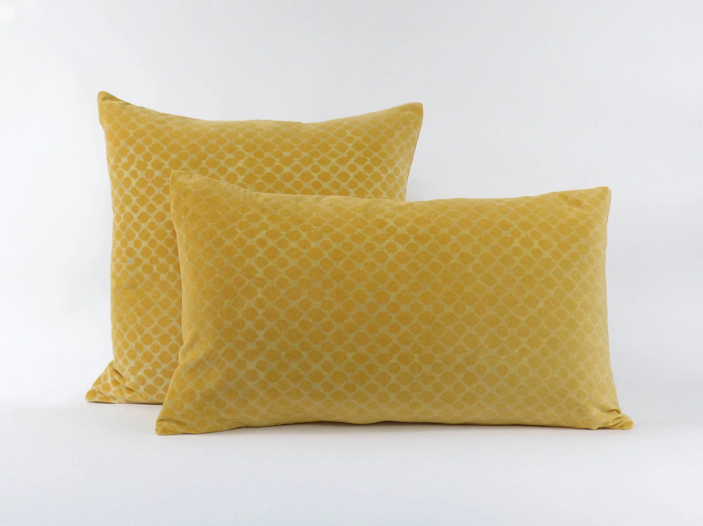 Ochre/Yellow Velvet Hand-Blocked Cushions — Honeycomb Design