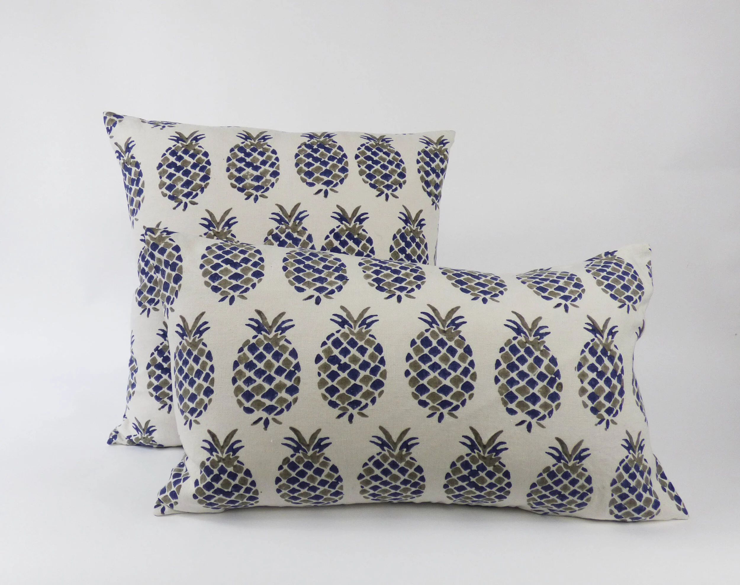 Blue & Grey Hand-Blocked "Pineapple" Design Cushions